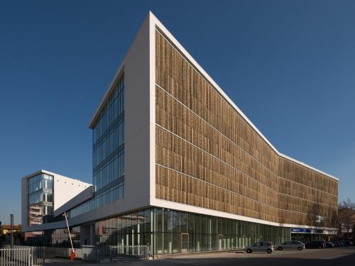 Office building with bamboo slats infront of the glazed façades